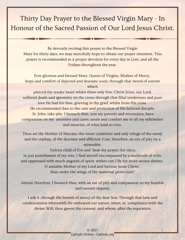 Thirty Day Prayer to the Blessed Virgin Mary - In Honour of the Sacred Passion of Our Lord Jesus Christ PDF