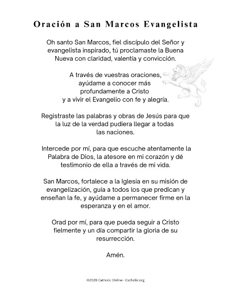 Oración a San Marcos Evangelista - Prayer to St. Mark the Evangelist in Spanish PDF