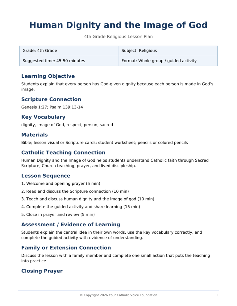 Human Dignity and the Image of God – 4th Grade Religious Lesson Plan (FREE PDF)