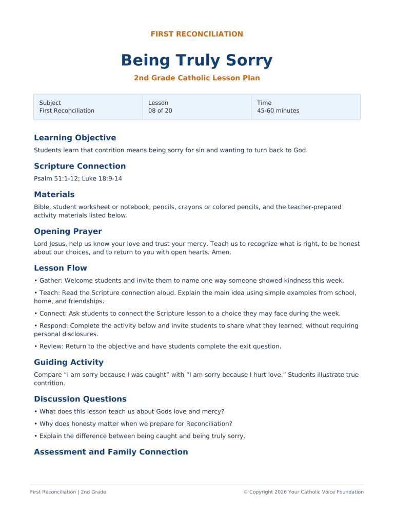 Being Truly Sorry – 2nd Grade First Reconciliation Lesson Plan (FREE PDF)