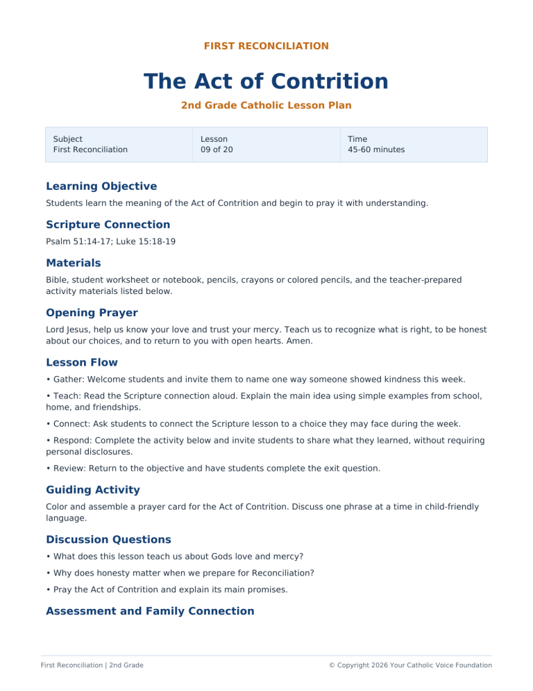 The Act of Contrition – 2nd Grade First Reconciliation Lesson Plan (FREE PDF)