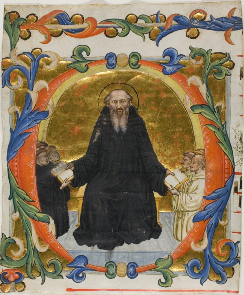 Saint Benedict Presenting his Rule to Benedictine and Cistercian Monks in a Historiated Initial "O" from a Choirbook